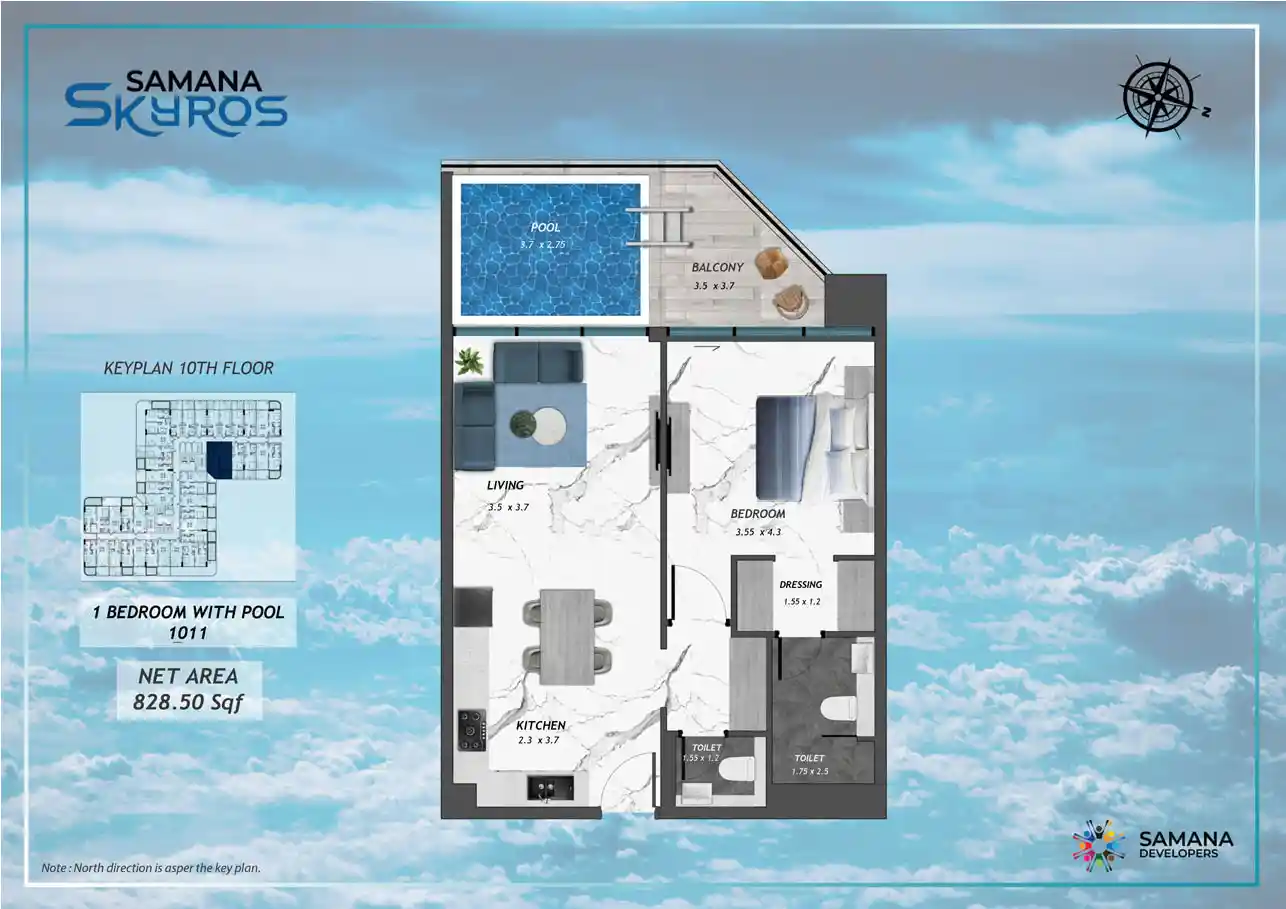 10th Floor, 1bhk with Pool 1011	