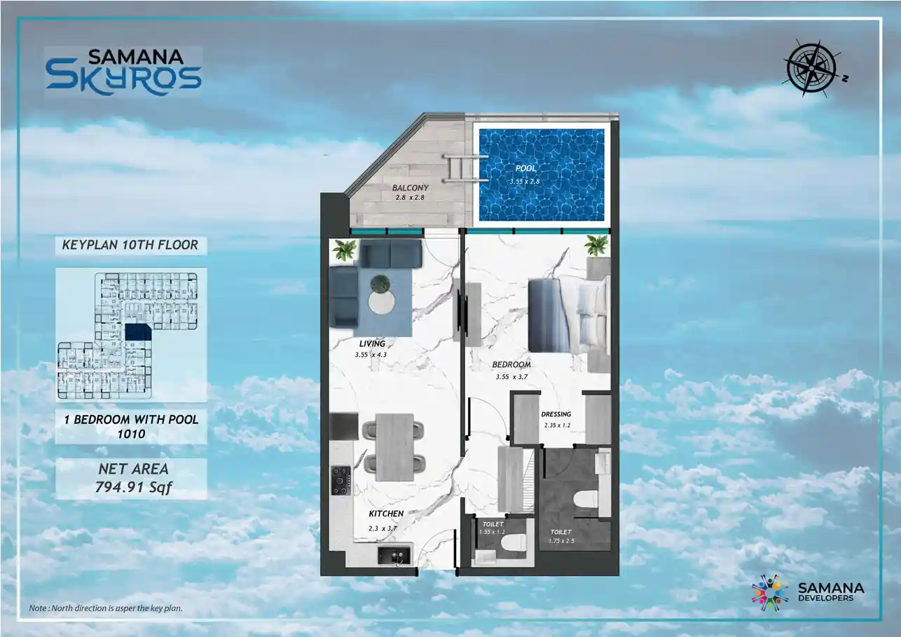 10th Floor, 1bhk with Pool 1010	