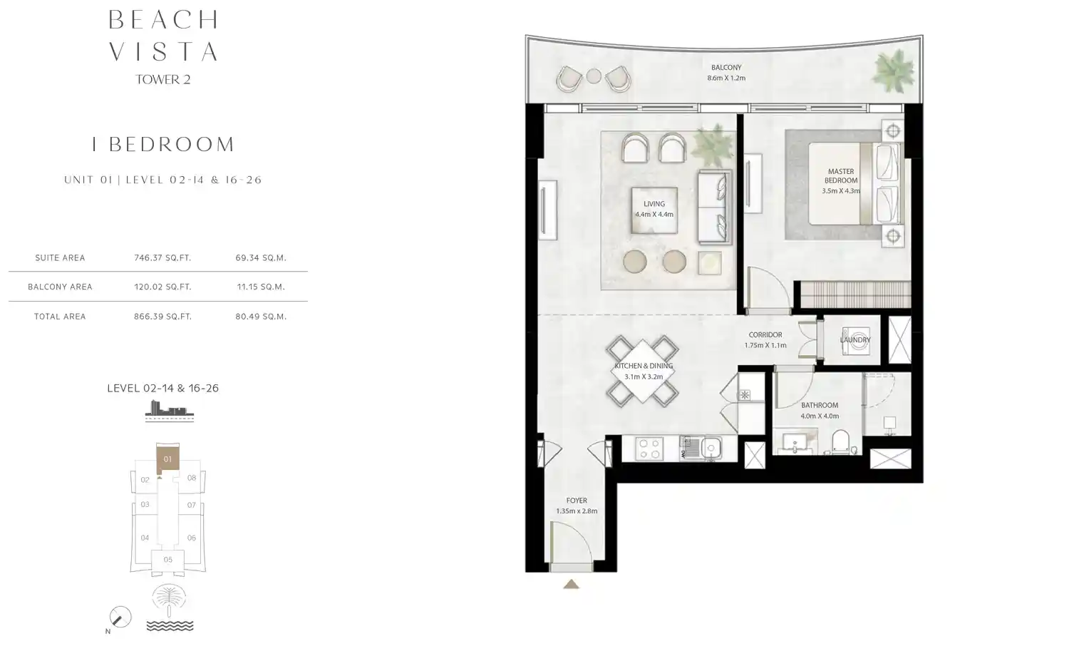 	Tower 2 - 1 Bedroom, Unit 1, Level 2-14 & 16-26
