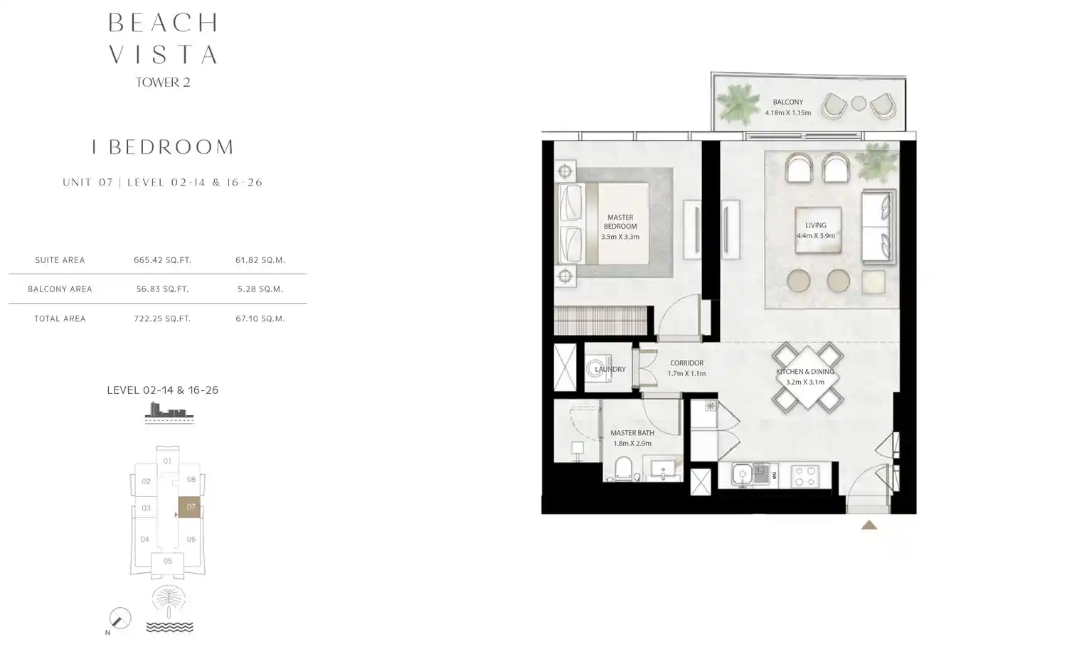 Tower 2 - 1 Bedroom, Unit 7, Level 2-14 & 16-26