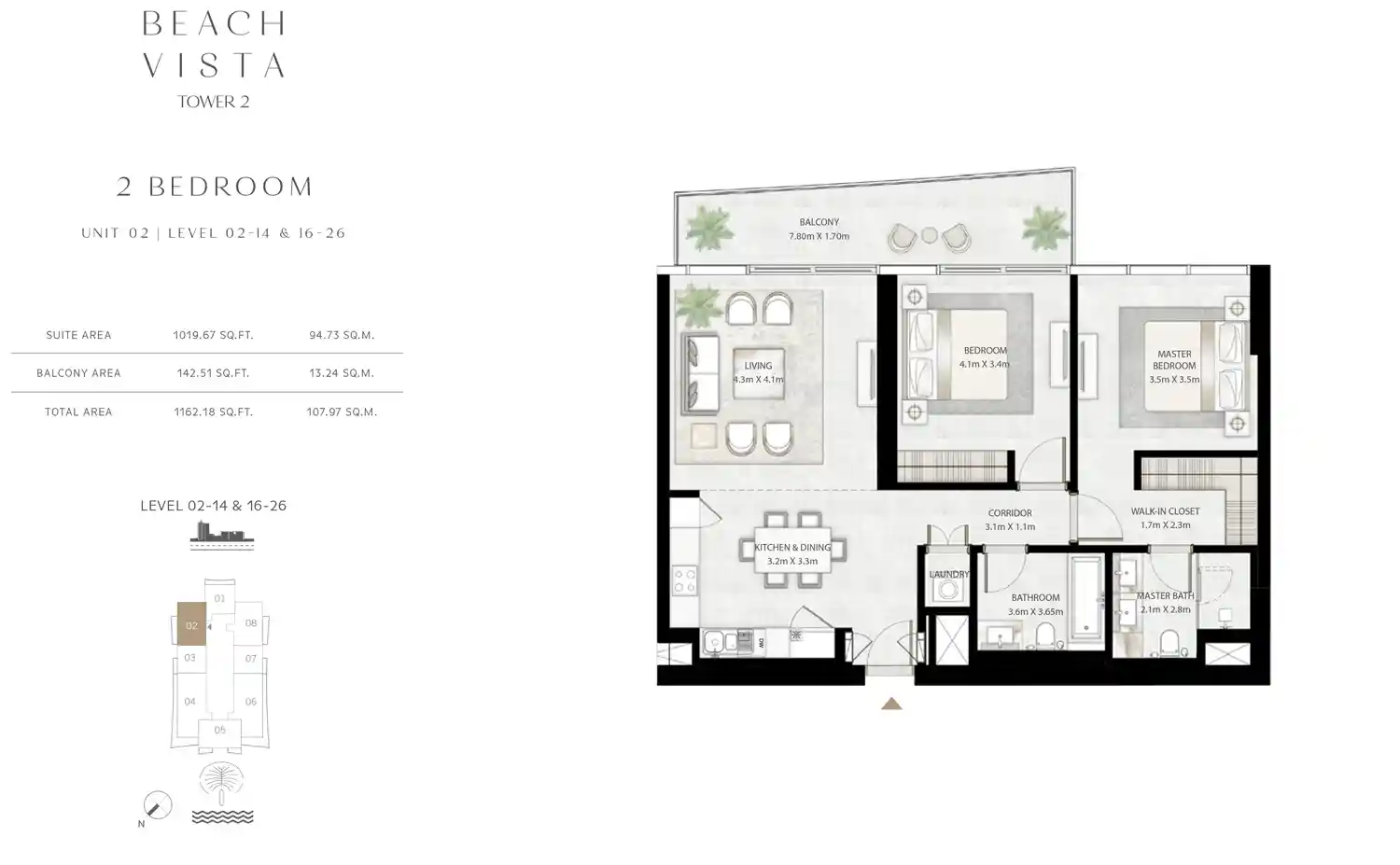 Tower 2 - 2 Bedroom, Unit 2, Level 2-14 & 16-26
