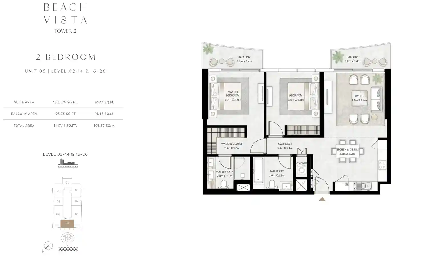 Tower 2 - 2 Bedroom, Unit 5, Level 2-14 & 16-26